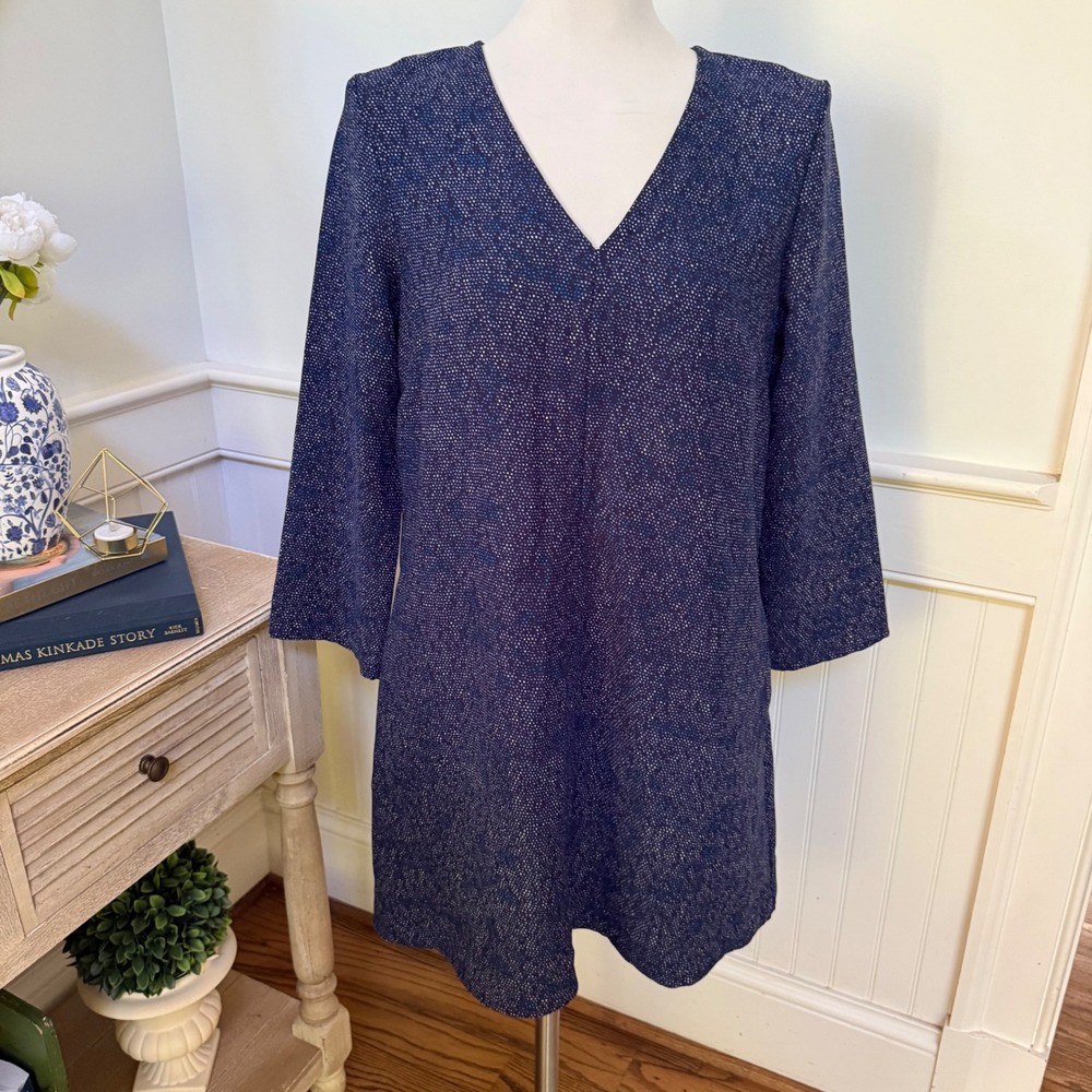 Gap Womens Navy Blue Micro Dot V-Neck Shift Dress 3/4 Sleeve Pockets Size Sβ